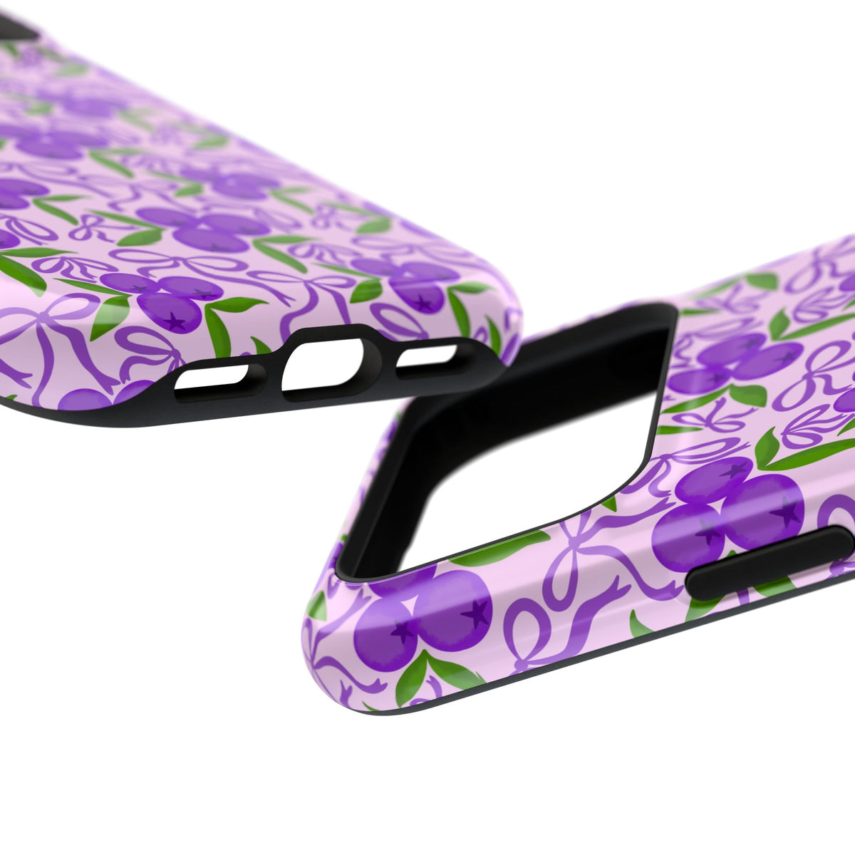 Purple Cherry Bow protective phone case, close-up at an angle