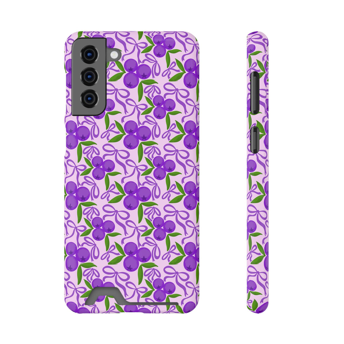 Purple Cherry Bow phone case with card holder for Samsung Galaxy S21 Plus, glossy finish