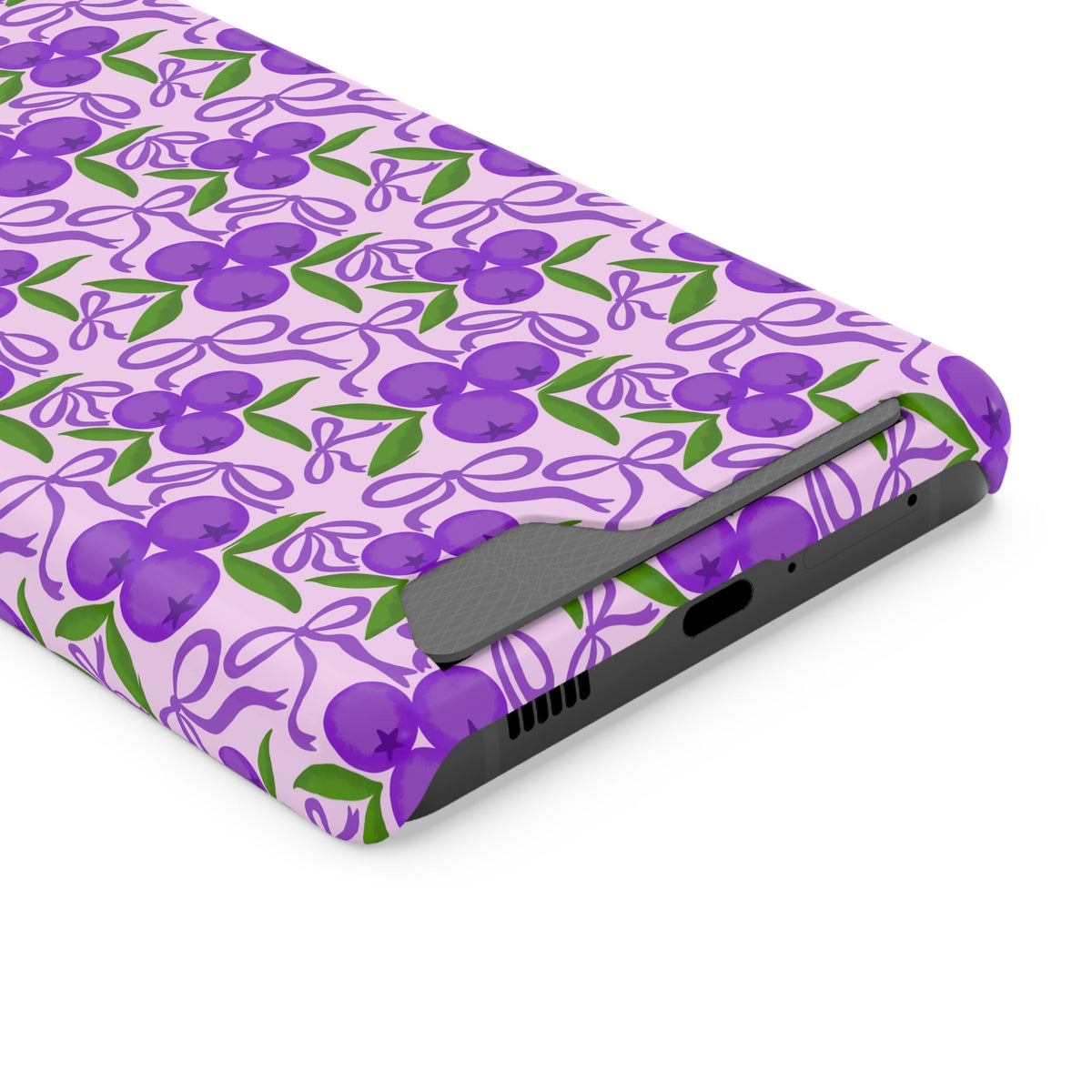 Purple Cherry Bow phone case with card holder for Samsung Galaxy S21 Ultra, glossy finish