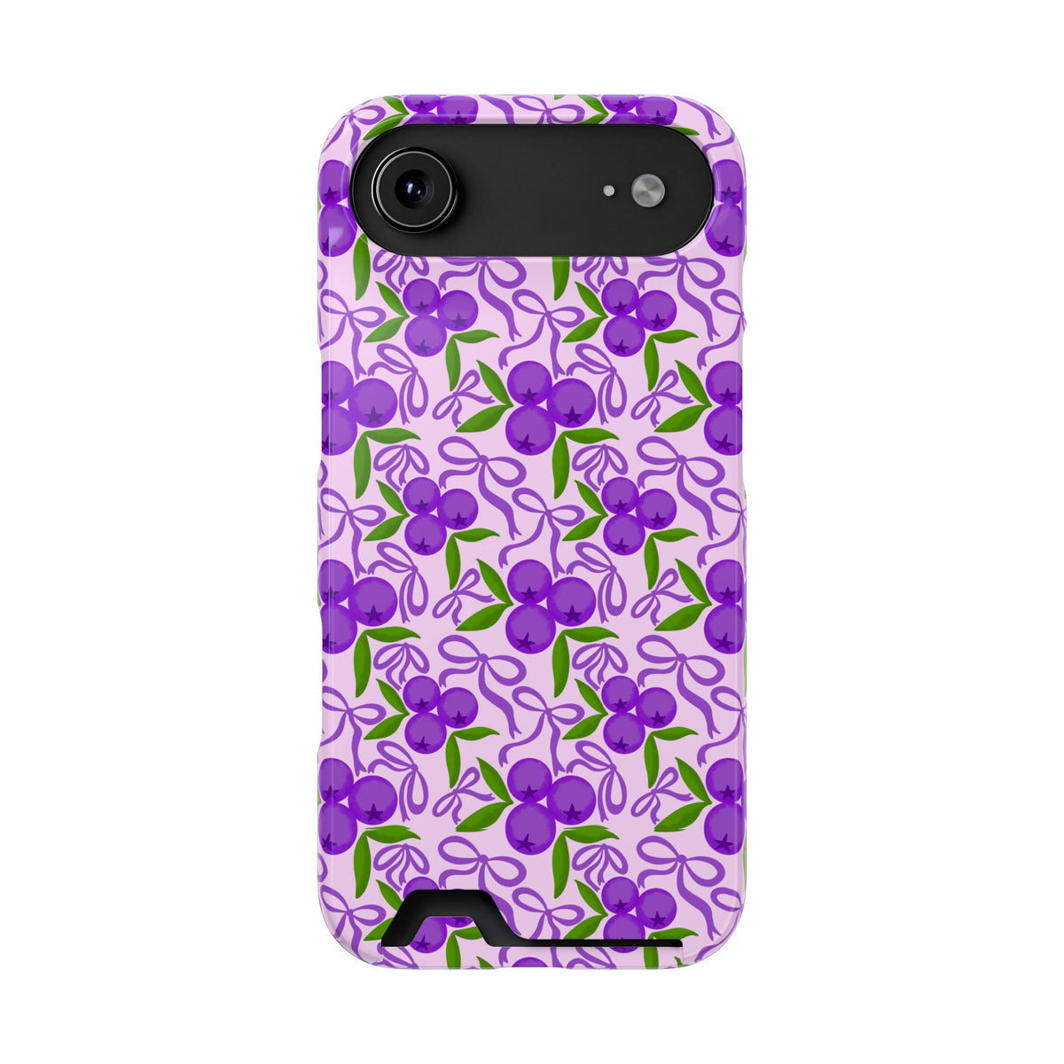 Purple Cherry Bow phone case with card holder for iPhone 17 Air, glossy finish