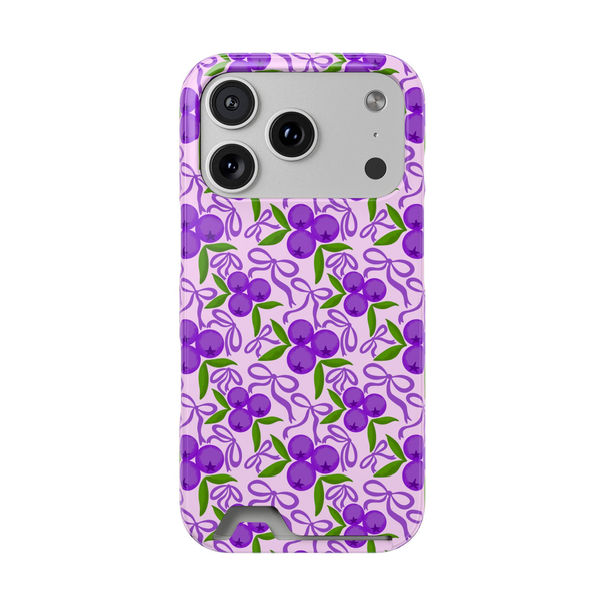 Purple Cherry Bow phone case with card holder for iPhone 17 Pro, glossy finish