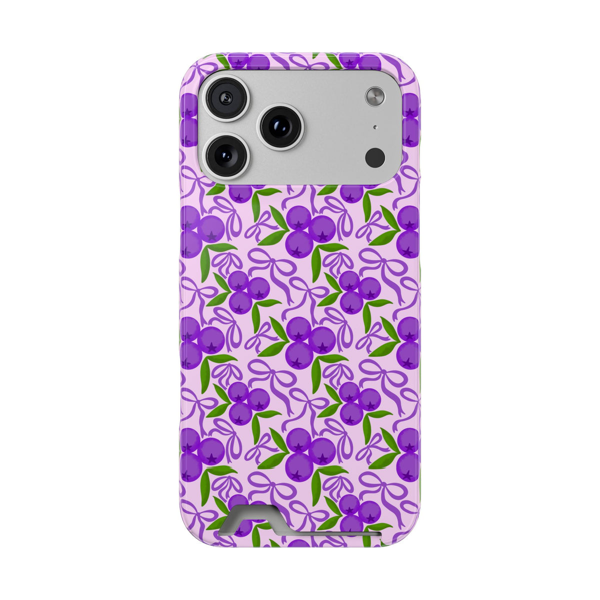 Purple Cherry Bow phone case with card holder for iPhone 17 Pro Max, glossy finish