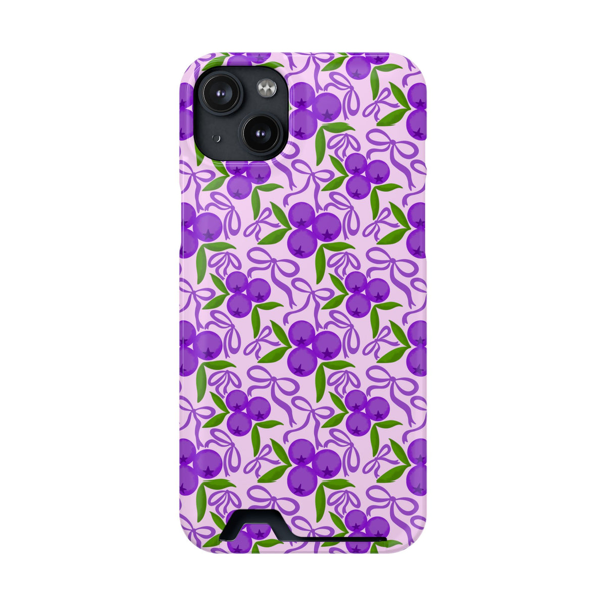 Purple Cherry Bow phone case with card holder for iPhone 14 Plus, glossy finish