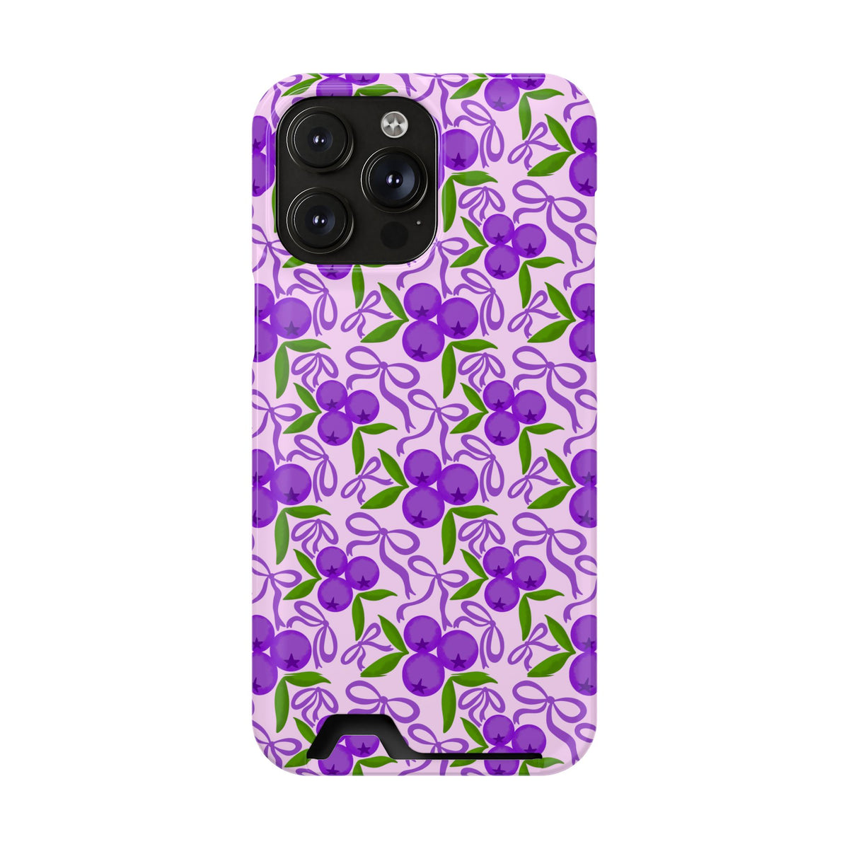 Purple Cherry Bow phone case with card holder for iPhone 14 Pro Max, glossy finish