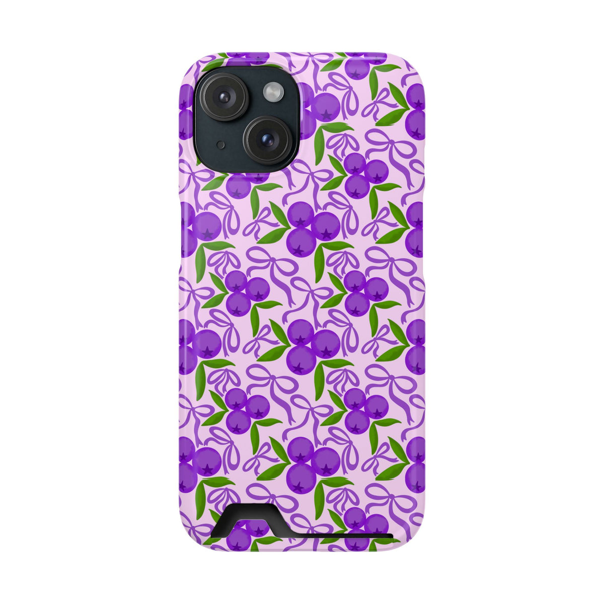 Purple Cherry Bow phone case with card holder for iPhone 15, glossy finish