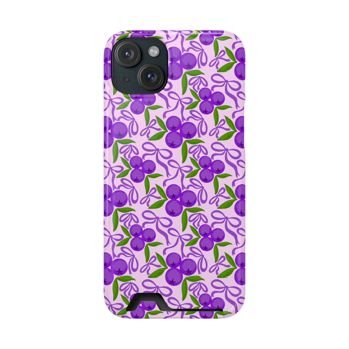 Purple Cherry Bow phone case with card holder for iPhone 15 Plus, glossy finish