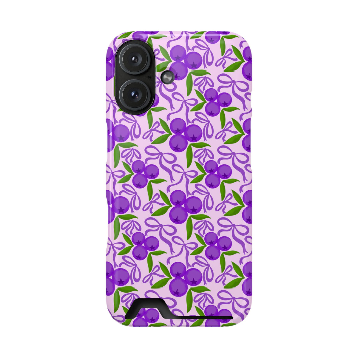 Purple Cherry Bow phone case with card holder for iPhone 16, glossy finish