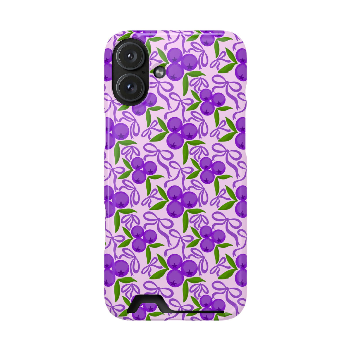 Purple Cherry Bow phone case with card holder for iPhone 16 Plus, glossy finish