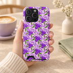 Purple Cherry Bow phone case with card holder, purple cherries and ribbons on lilac, lifestyle photo in hand with coffee