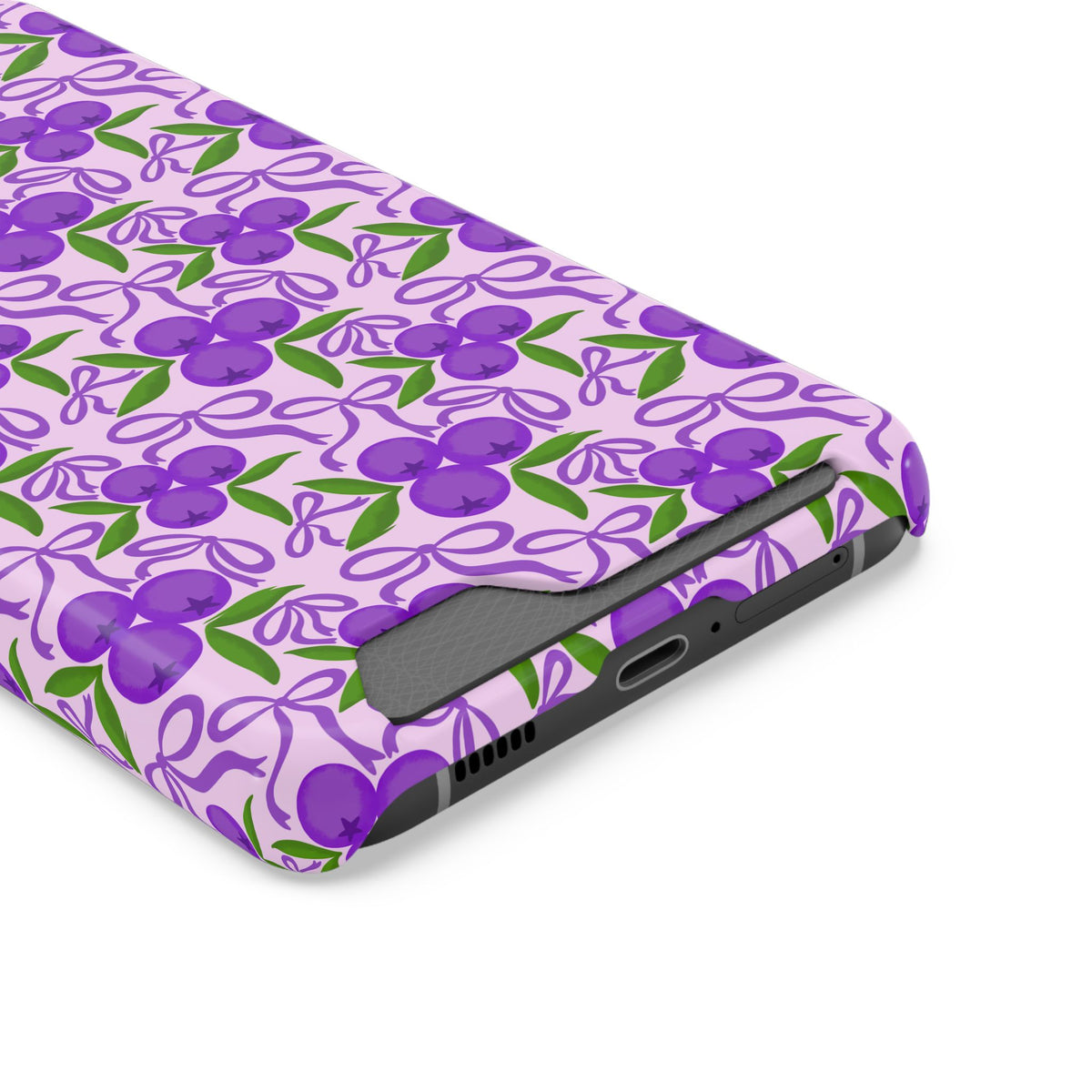 Purple Cherry Bow phone case with card holder, close-up of the card slot
