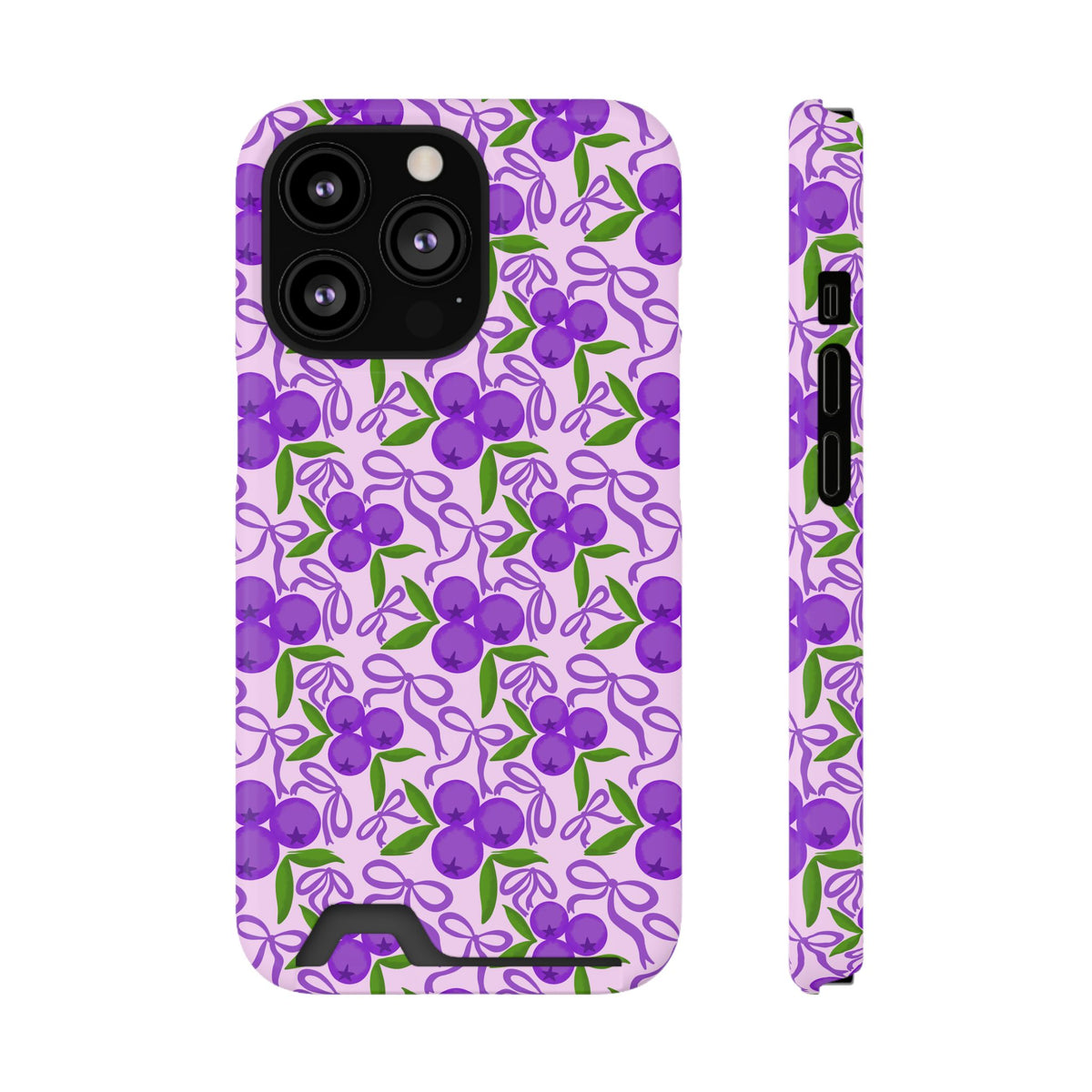 Purple Cherry Bow phone case with card holder for iPhone 13 Pro, glossy finish