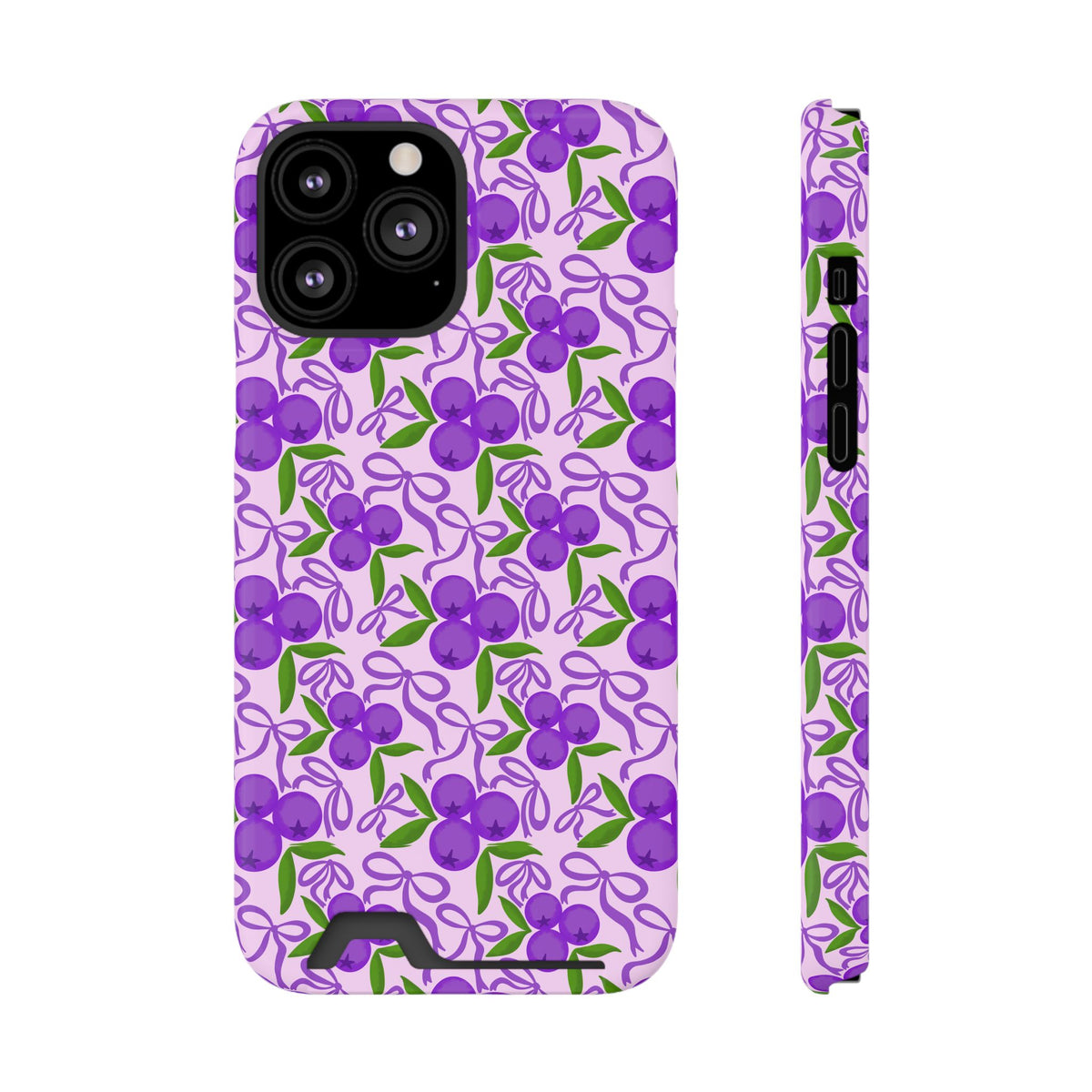 Purple Cherry Bow phone case with card holder for iPhone 13 Pro Max, glossy finish