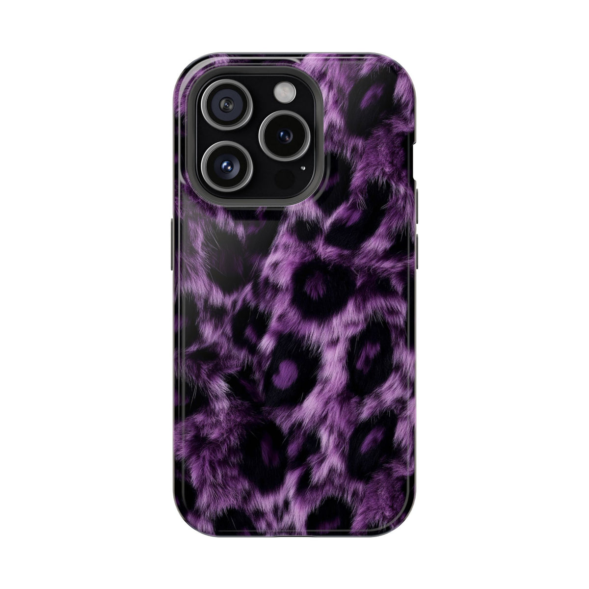 Purple Leopard protective phone case for iPhone 15 Pro, glossy finish