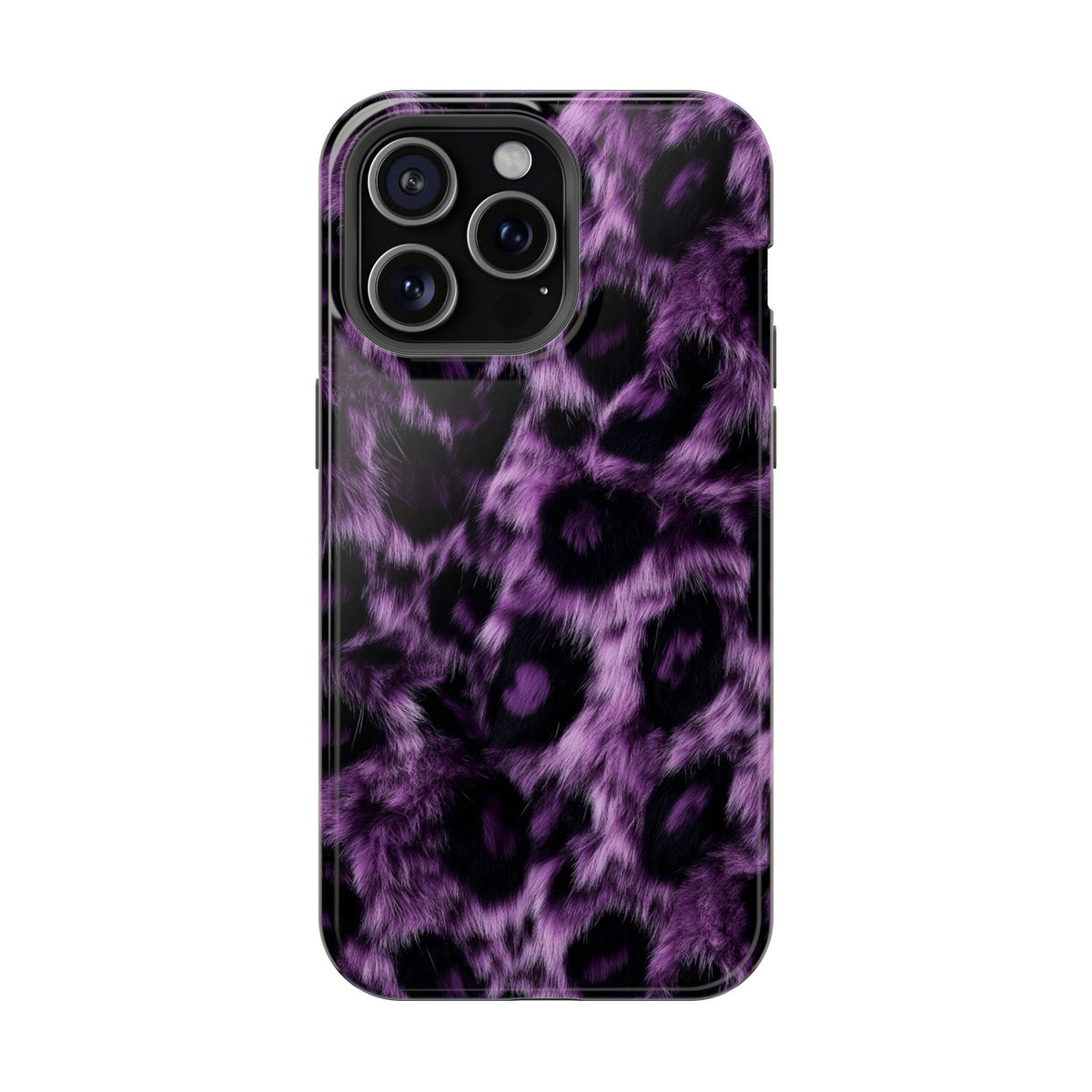 Purple Leopard protective phone case for iPhone 15 Pro Max, glossy finish