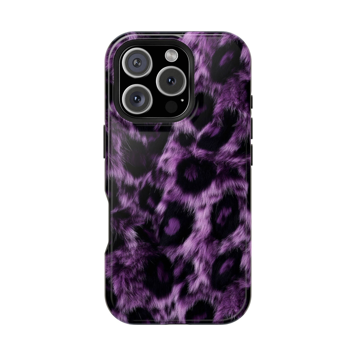 Purple Leopard protective phone case for iPhone 16 Pro, glossy finish
