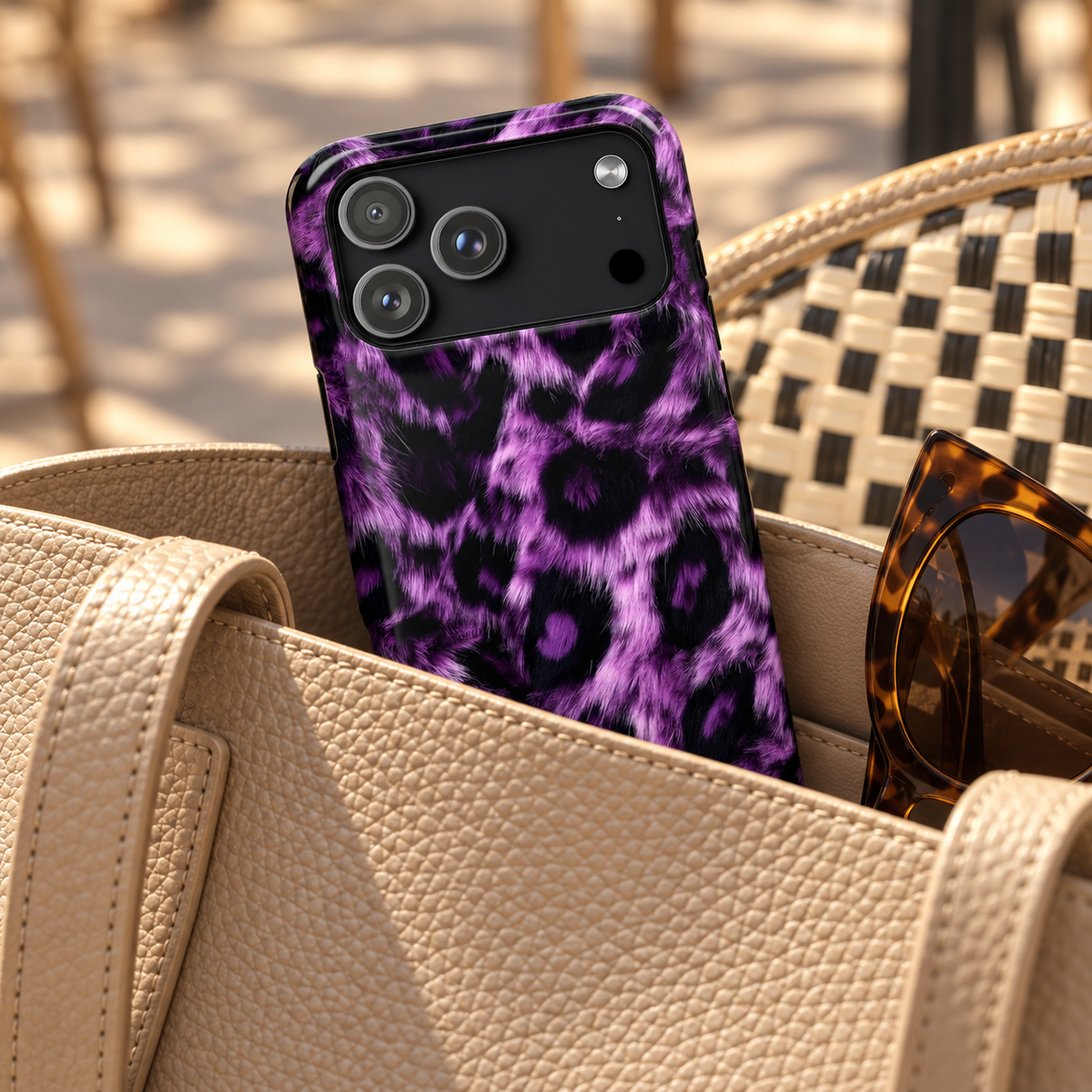 Purple Leopard protective phone case, purple and black leopard spots, lifestyle photo in a handbag