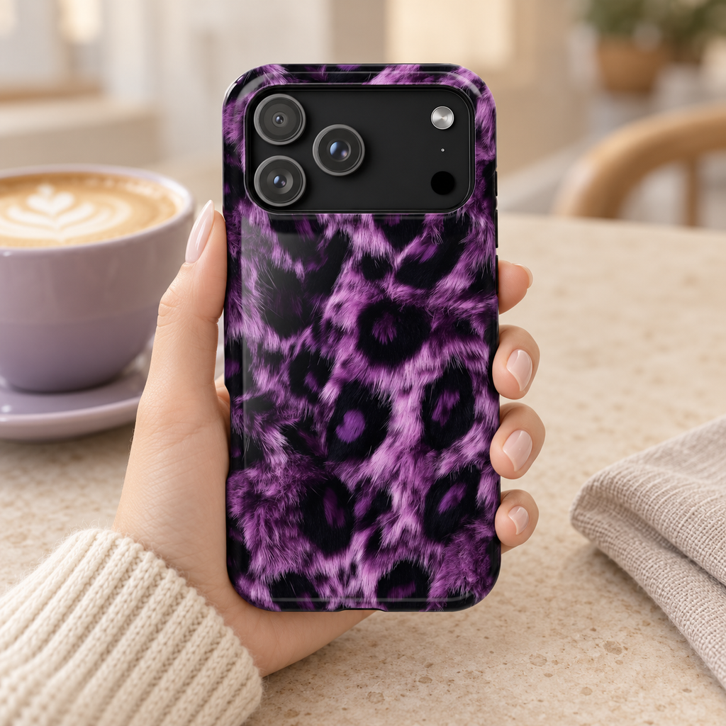 Purple Leopard MagSafe case, purple and black leopard spots, lifestyle photo in hand with coffee