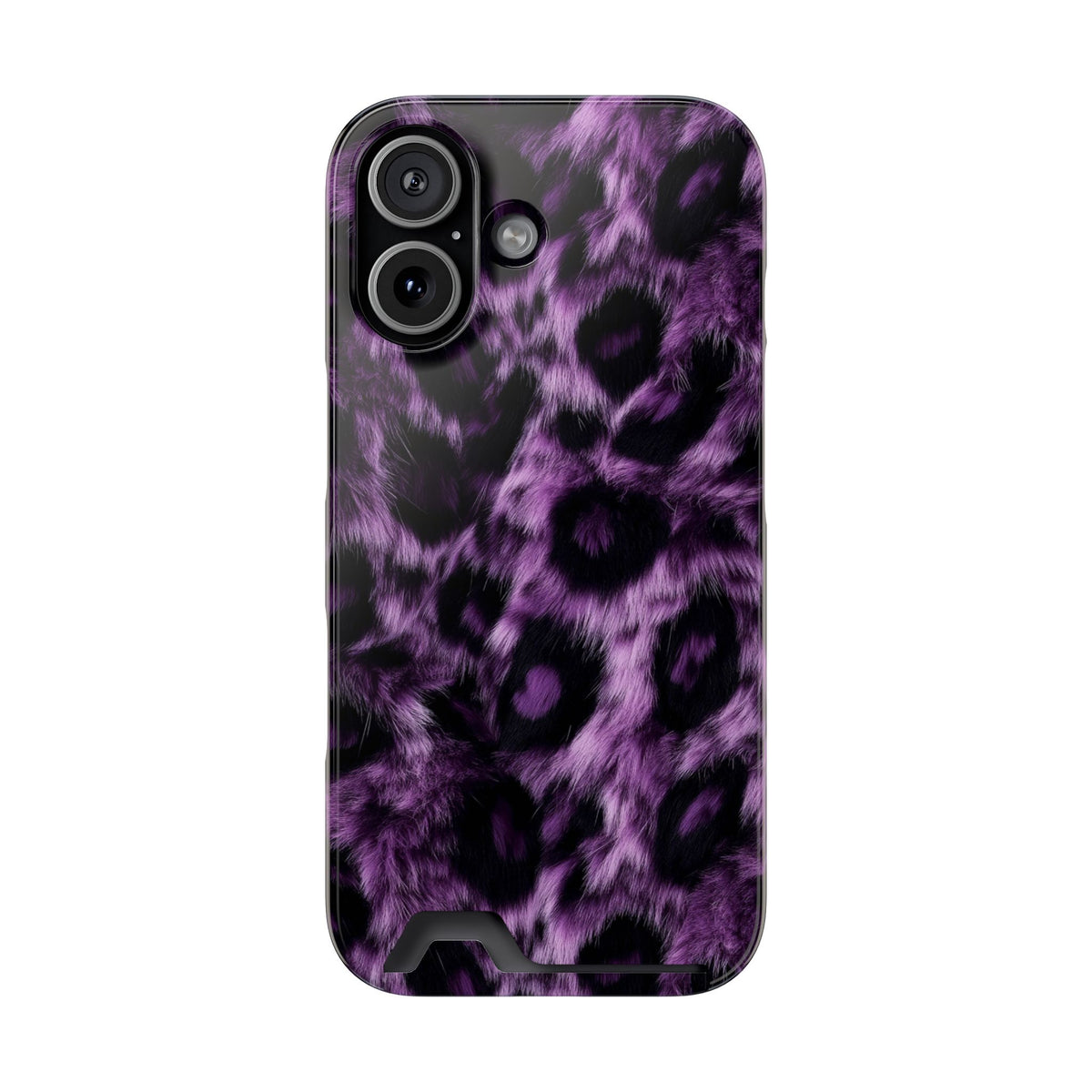Purple Leopard phone case with card holder for iPhone 17, glossy finish