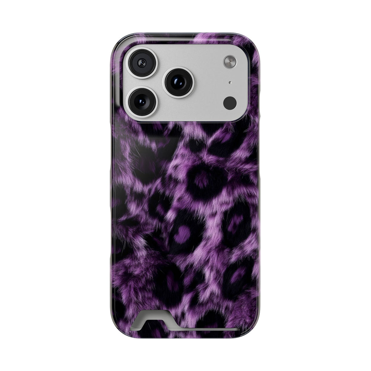 Purple Leopard phone case with card holder for iPhone 17 Pro, glossy finish
