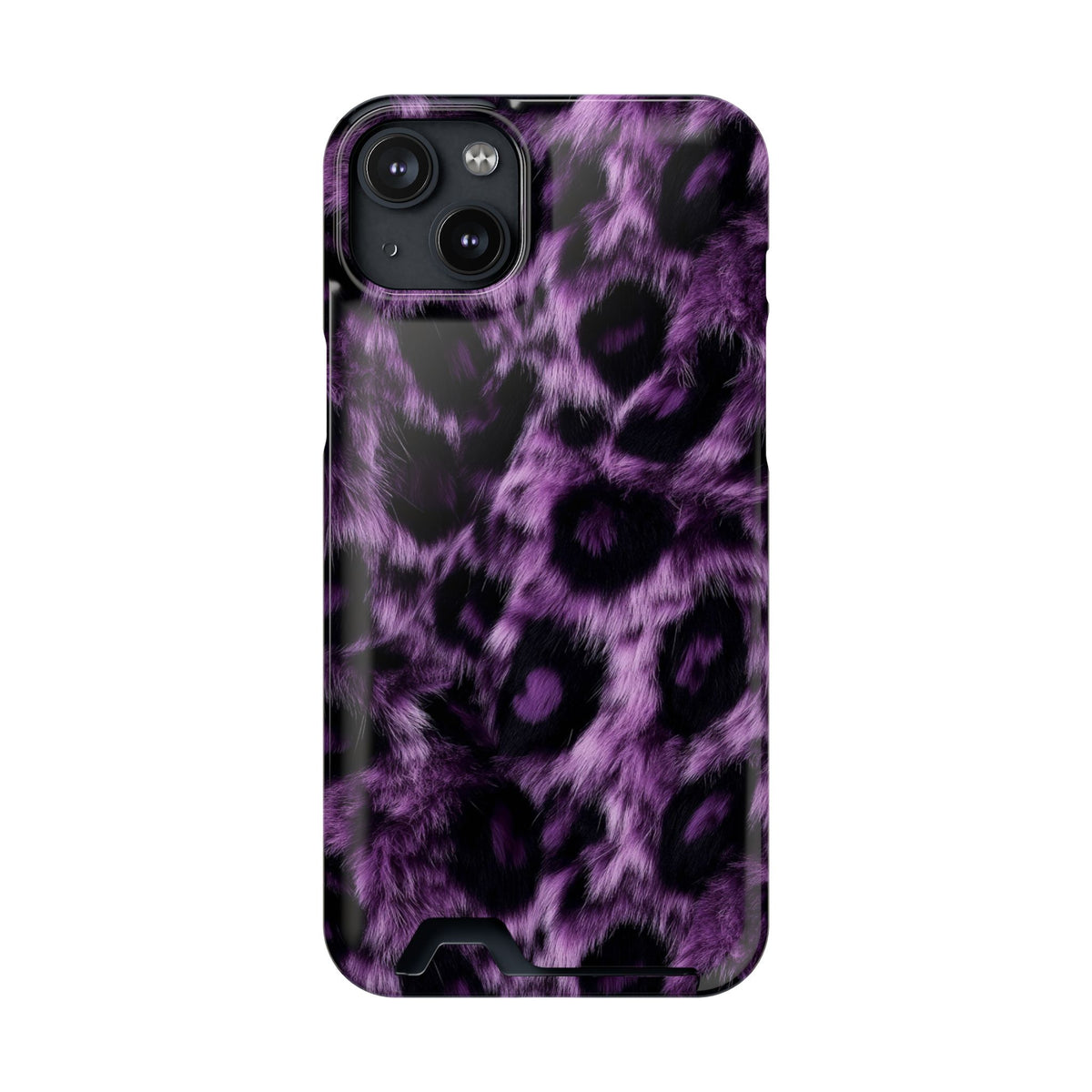 Purple Leopard phone case with card holder for iPhone 14 Plus, glossy finish