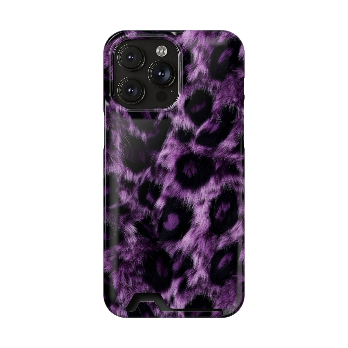 Purple Leopard phone case with card holder for iPhone 14 Pro Max, glossy finish