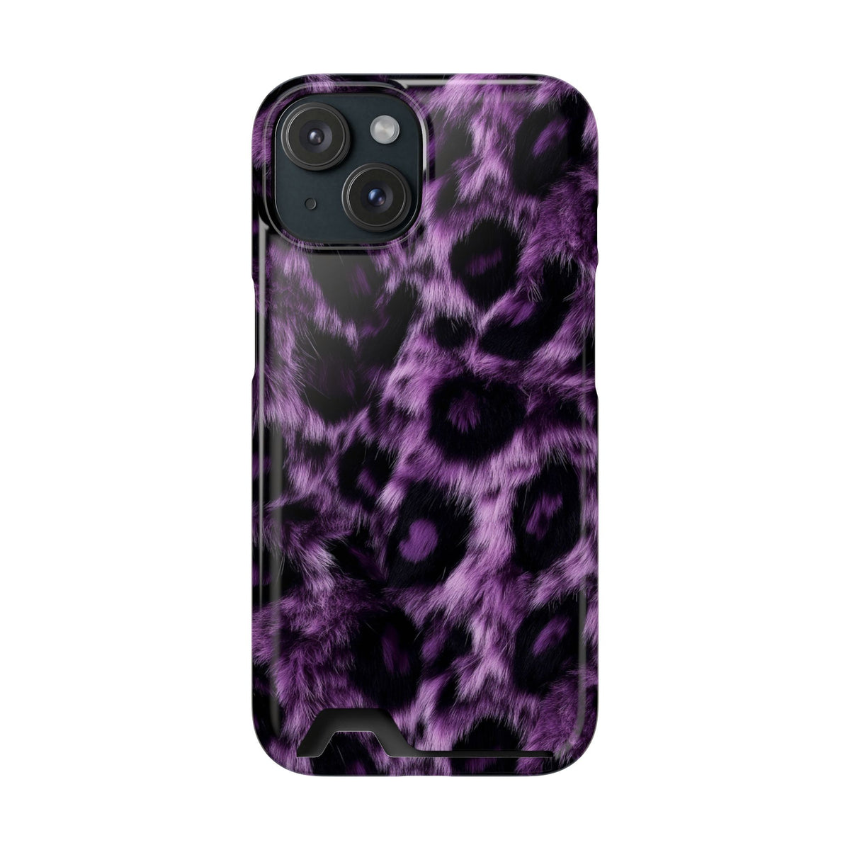 Purple Leopard phone case with card holder for iPhone 15, glossy finish