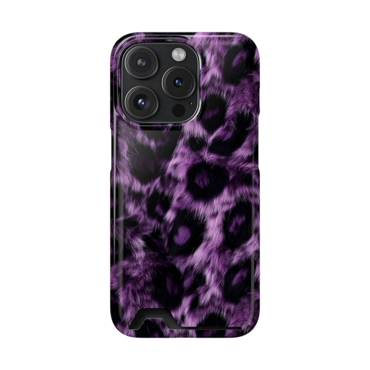 Purple Leopard phone case with card holder for iPhone 15 Pro, glossy finish