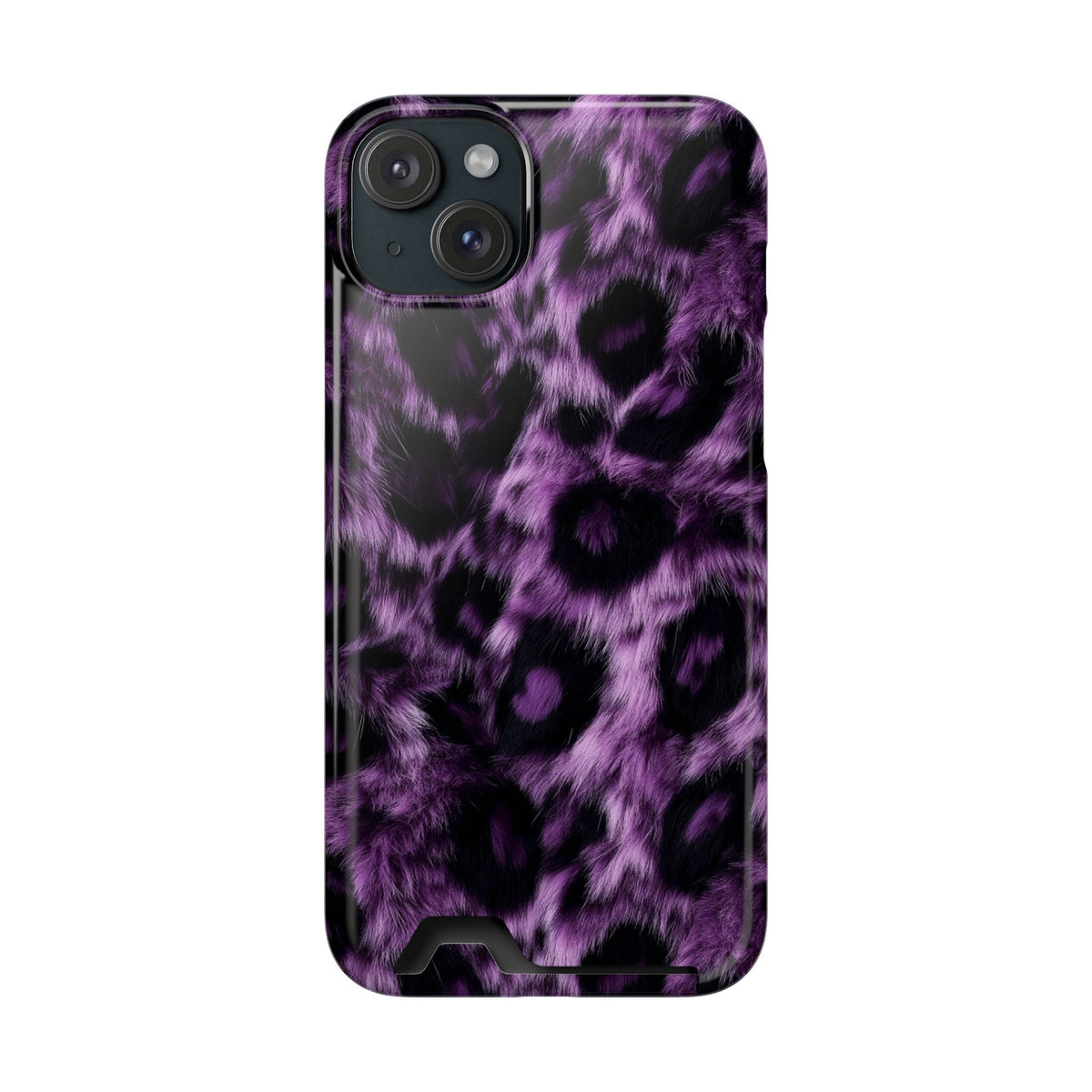Purple Leopard phone case with card holder for iPhone 15 Plus, glossy finish
