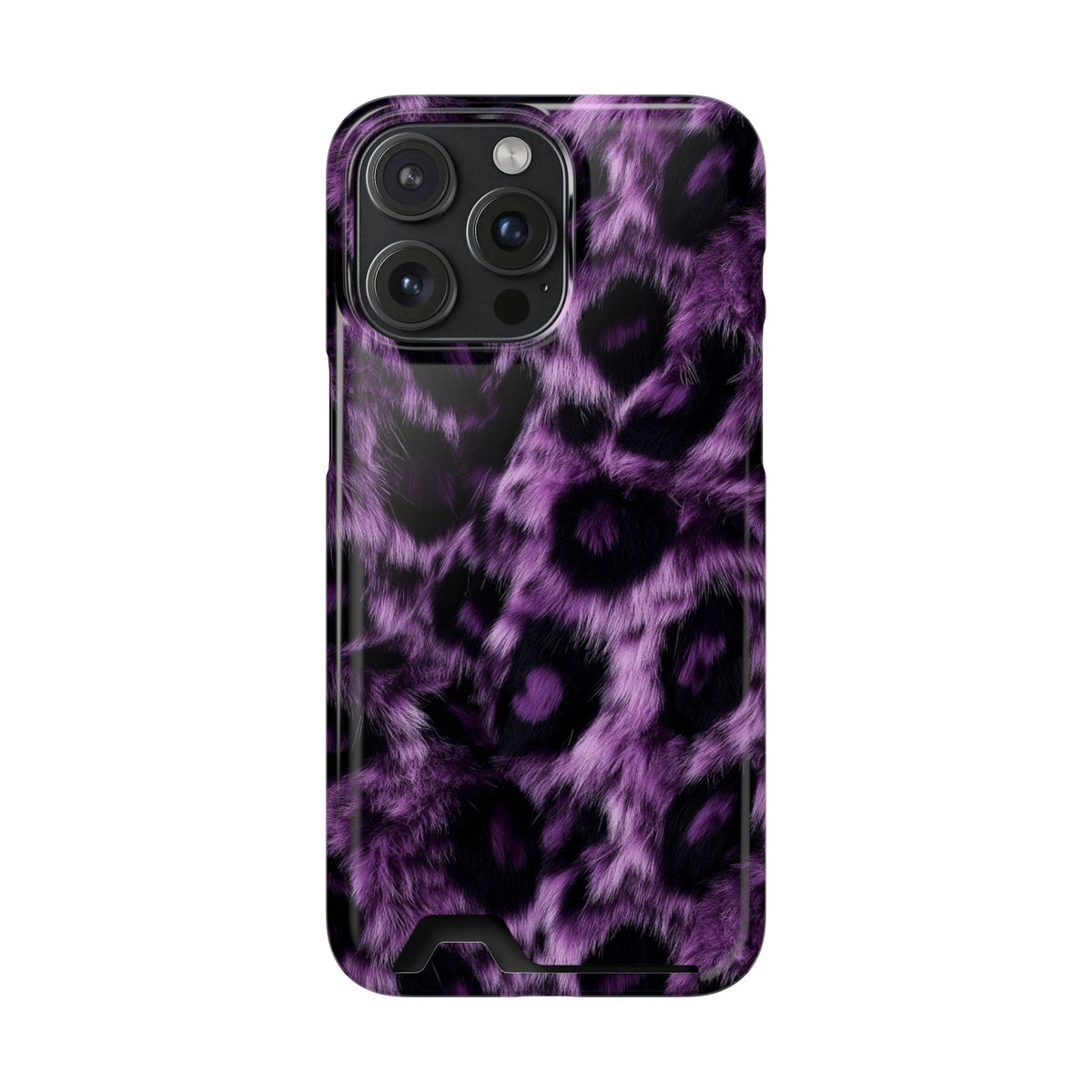 Purple Leopard phone case with card holder for iPhone 15 Pro Max, glossy finish