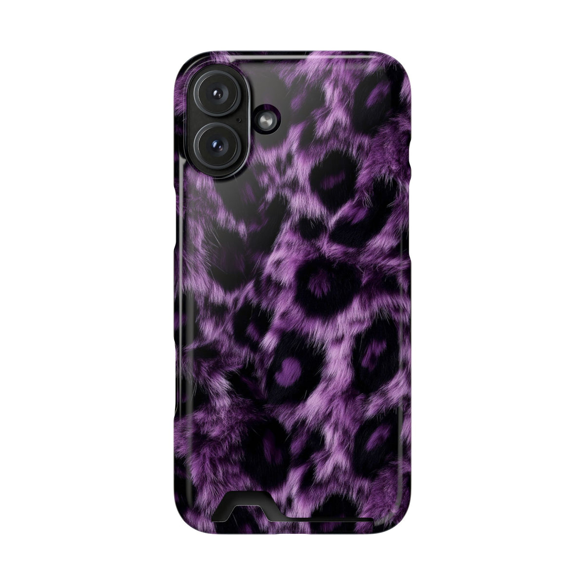 Purple Leopard phone case with card holder for iPhone 16 Plus, glossy finish
