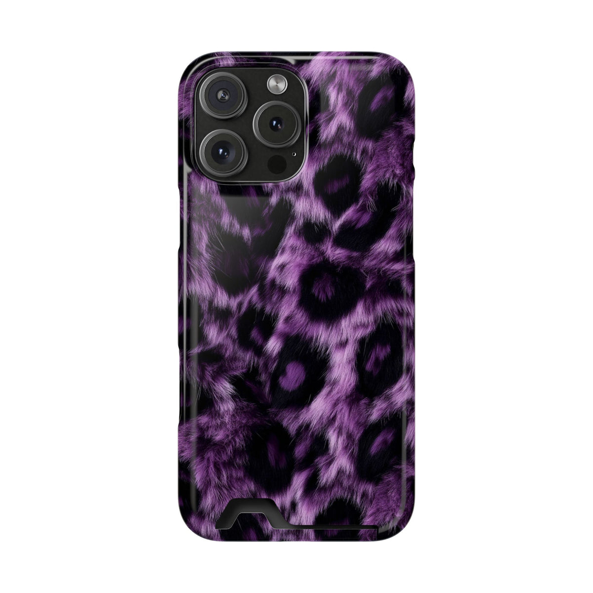 Purple Leopard phone case with card holder for iPhone 16 Pro Max, glossy finish