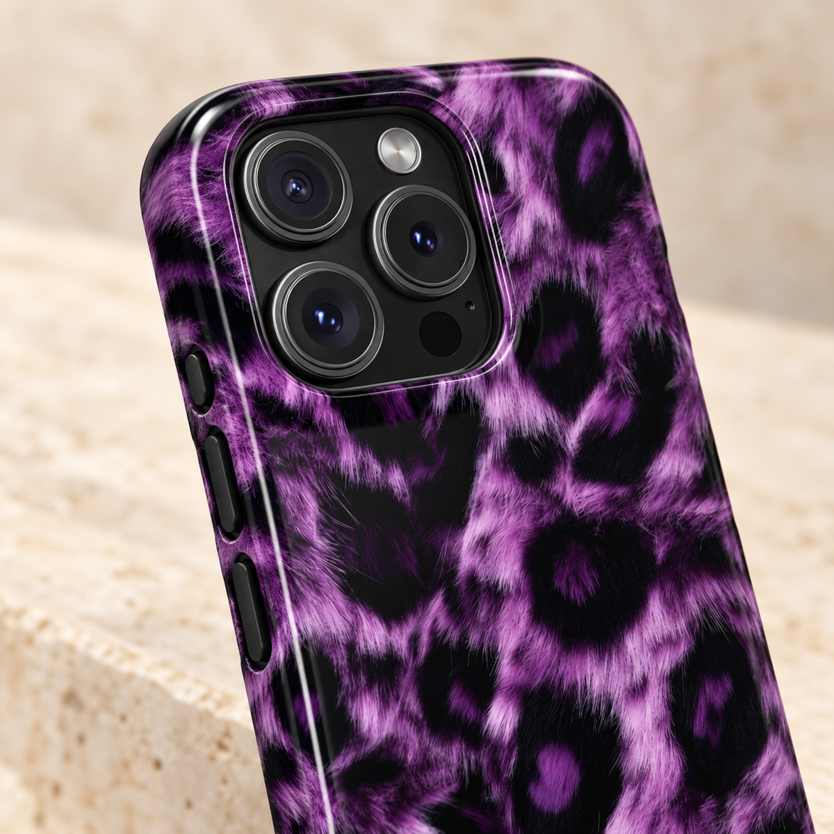 Purple Leopard phone case with card holder, purple and black leopard spots, lifestyle close-up of the camera