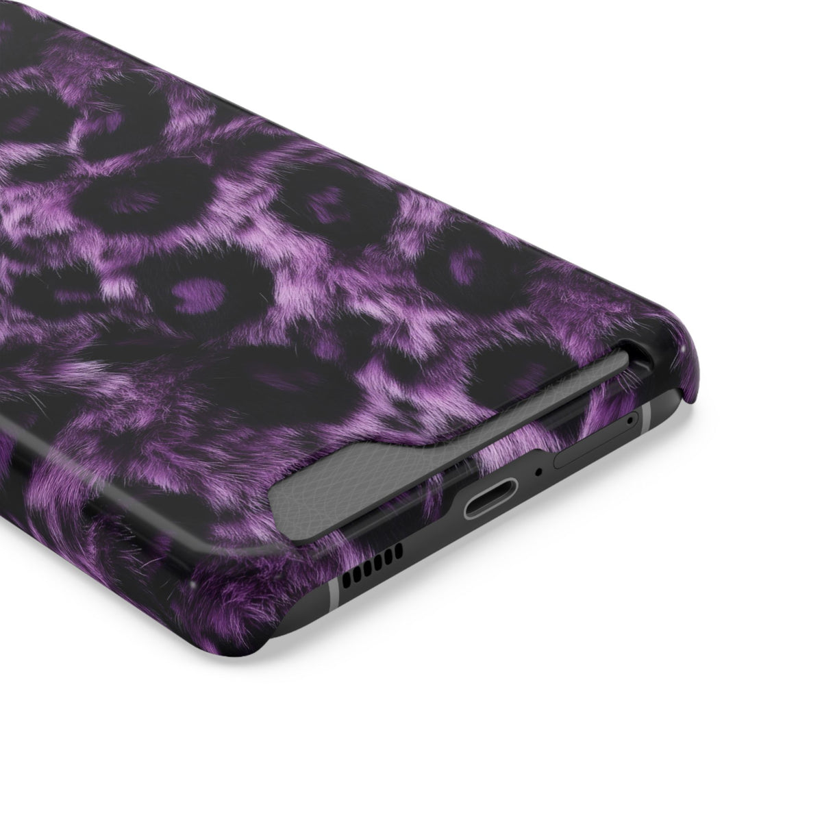 Purple Leopard phone case with card holder, close-up of the card slot
