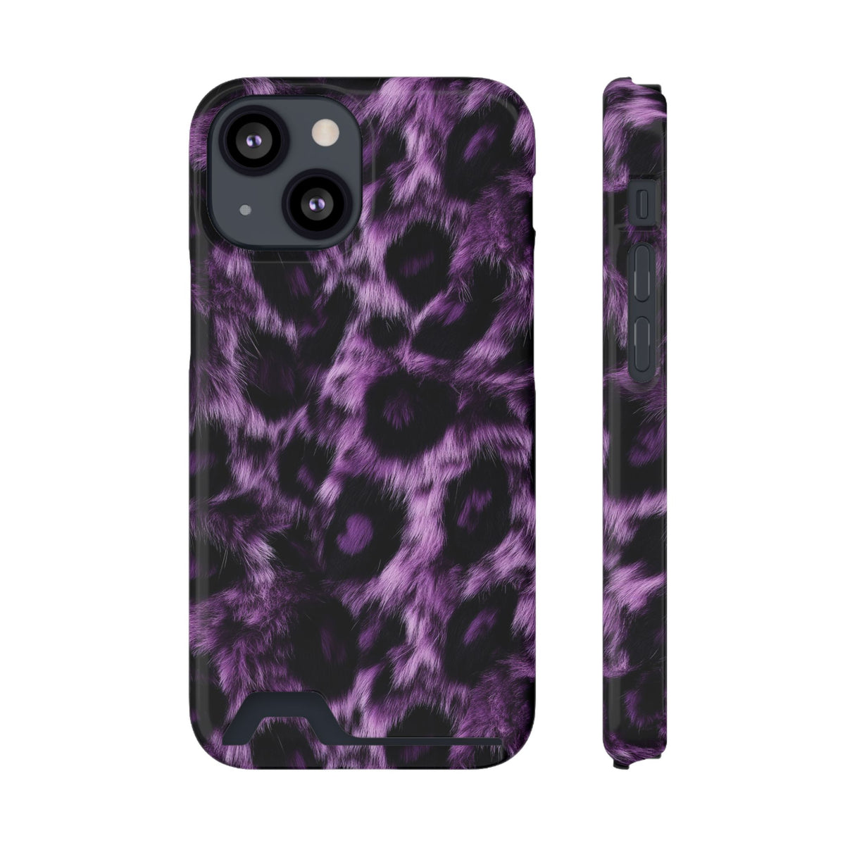 Purple Leopard phone case with card holder for iPhone 13 Mini, glossy finish