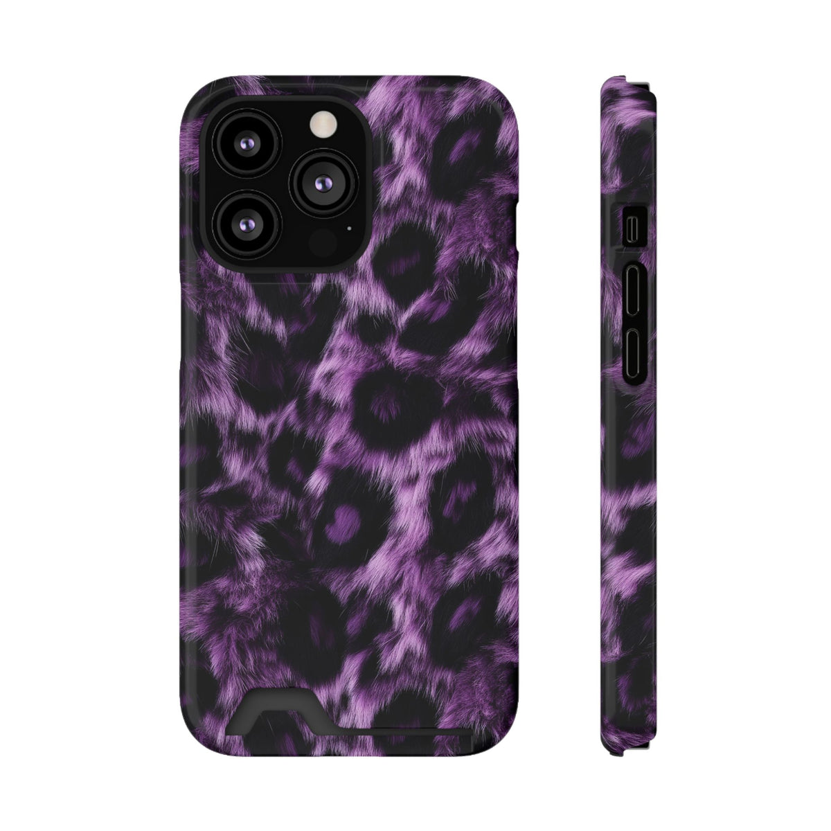Purple Leopard phone case with card holder for iPhone 13 Pro, glossy finish