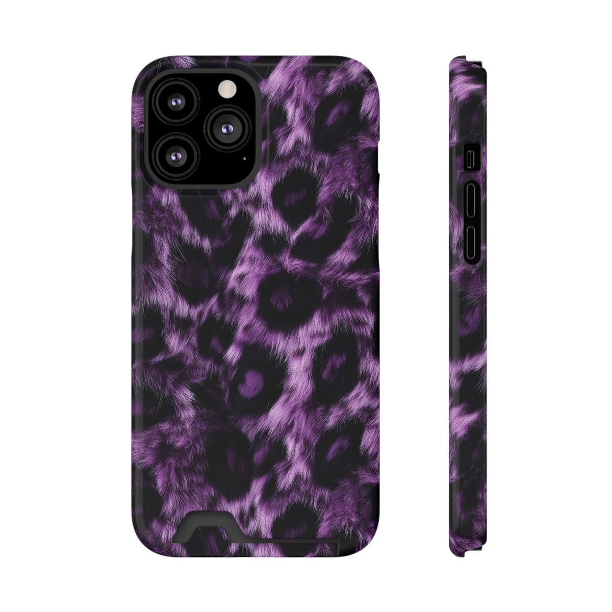 Purple Leopard phone case with card holder for iPhone 13 Pro Max, glossy finish