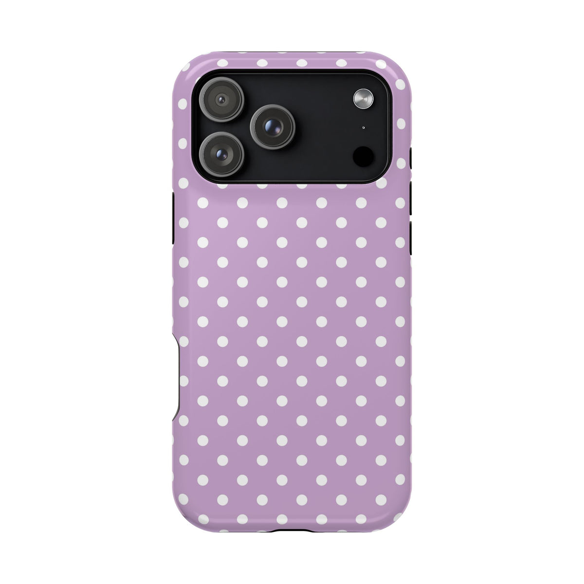 Purple Polka Dot protective phone case for iPhone 17 Pro Max, glossy finish