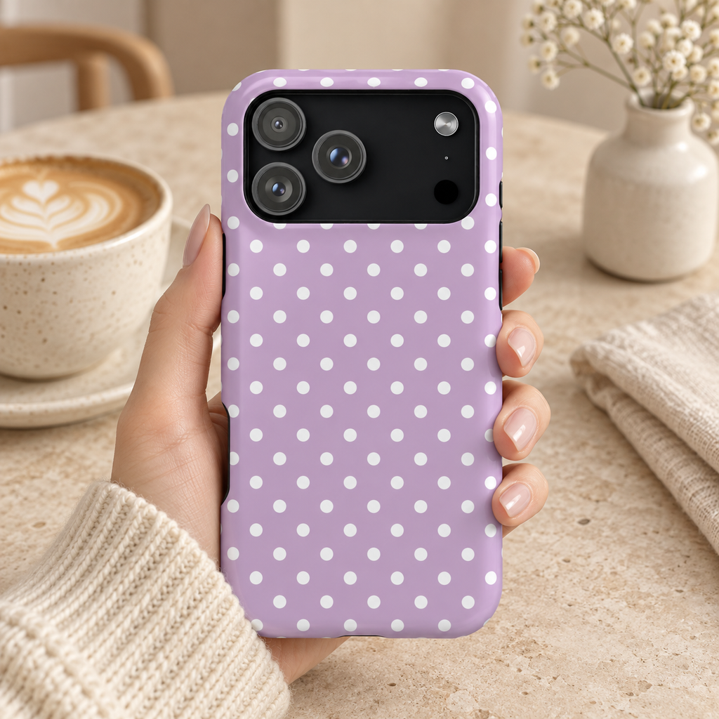 Purple Polka Dot protective phone case, white polka dots on purple, lifestyle photo in hand with coffee