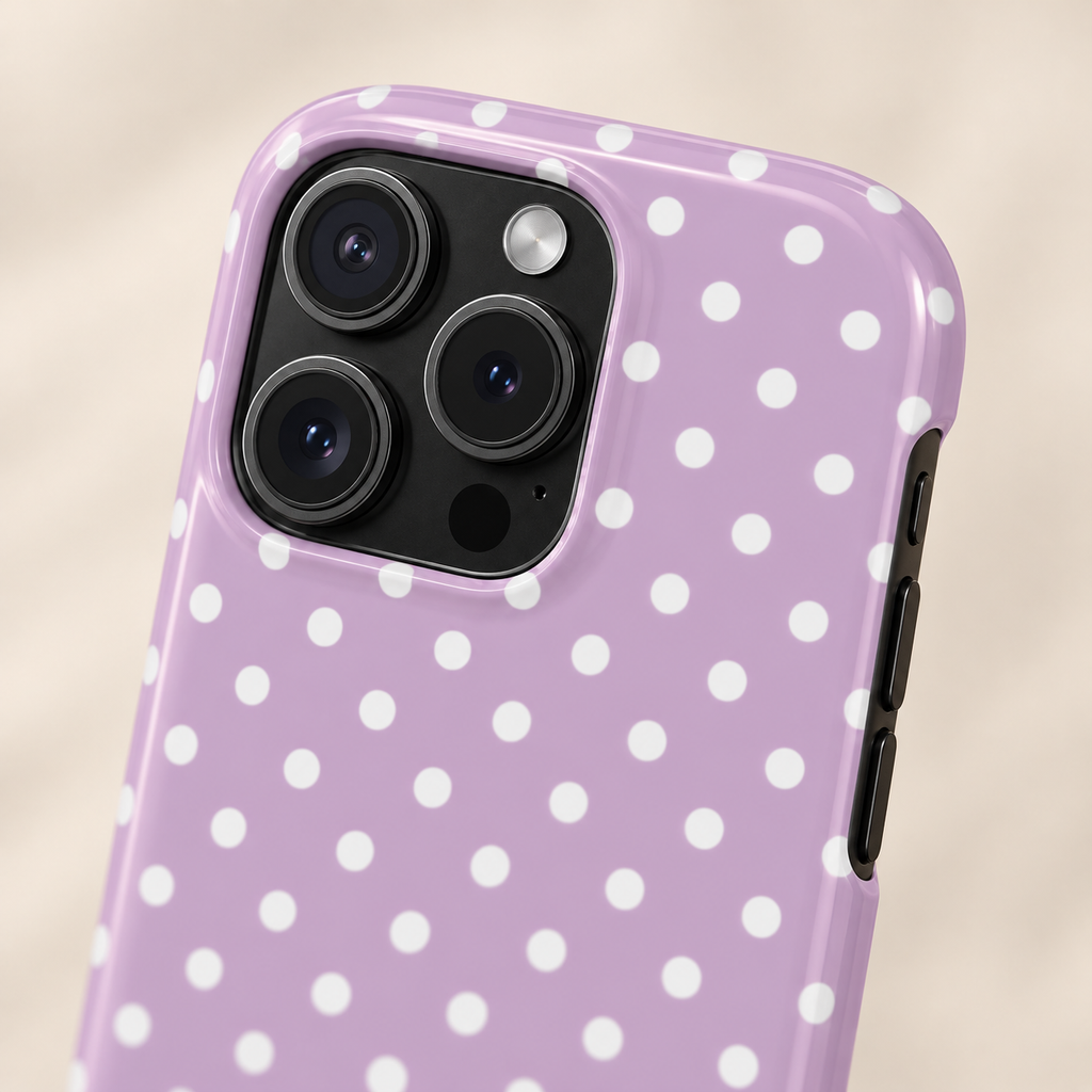Purple Polka Dot protective phone case, white polka dots on purple, lifestyle close-up of the camera