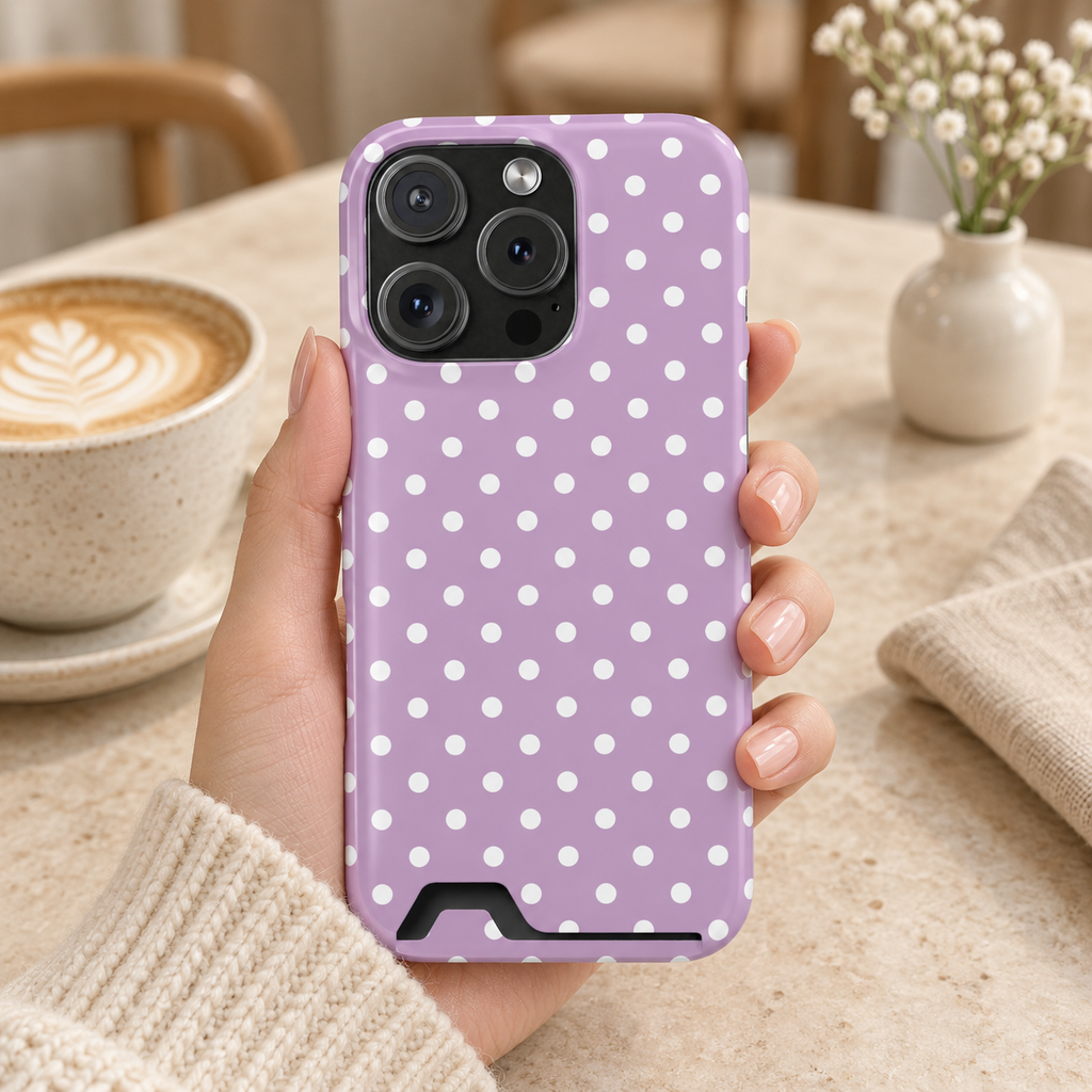 Purple Polka Dot MagSafe case, white polka dots on purple, lifestyle photo in hand with coffee