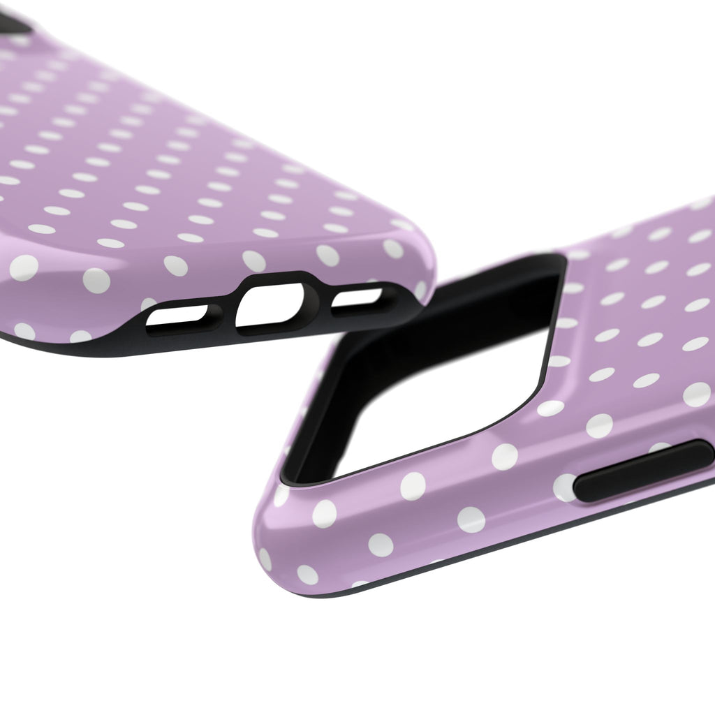 Purple Polka Dot MagSafe case, close-up at an angle