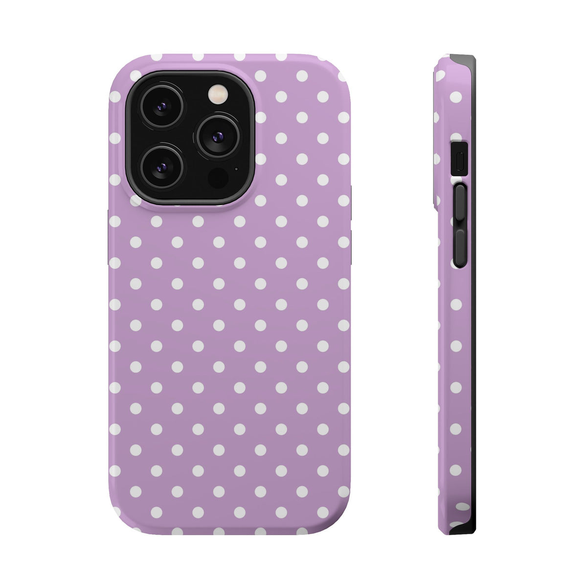 Purple Polka Dot MagSafe case for iPhone 14 Pro, glossy finish