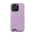 Purple Polka Dot phone case with card holder for iPhone 16 Pro, glossy finish