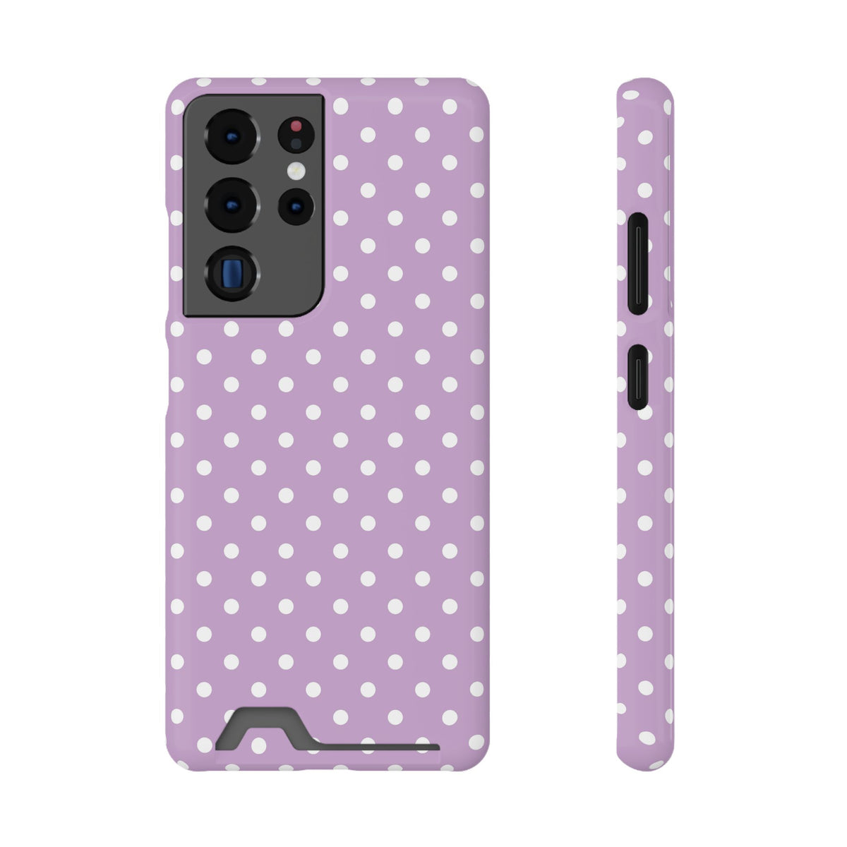 Purple Polka Dot phone case with card holder for Samsung Galaxy S21 Ultra, glossy finish