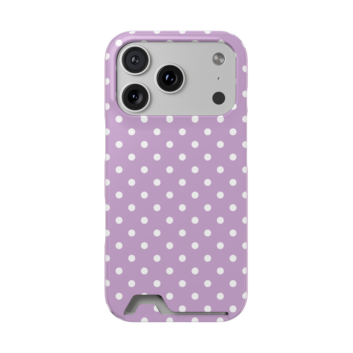 Purple Polka Dot phone case with card holder for iPhone 17 Pro, glossy finish