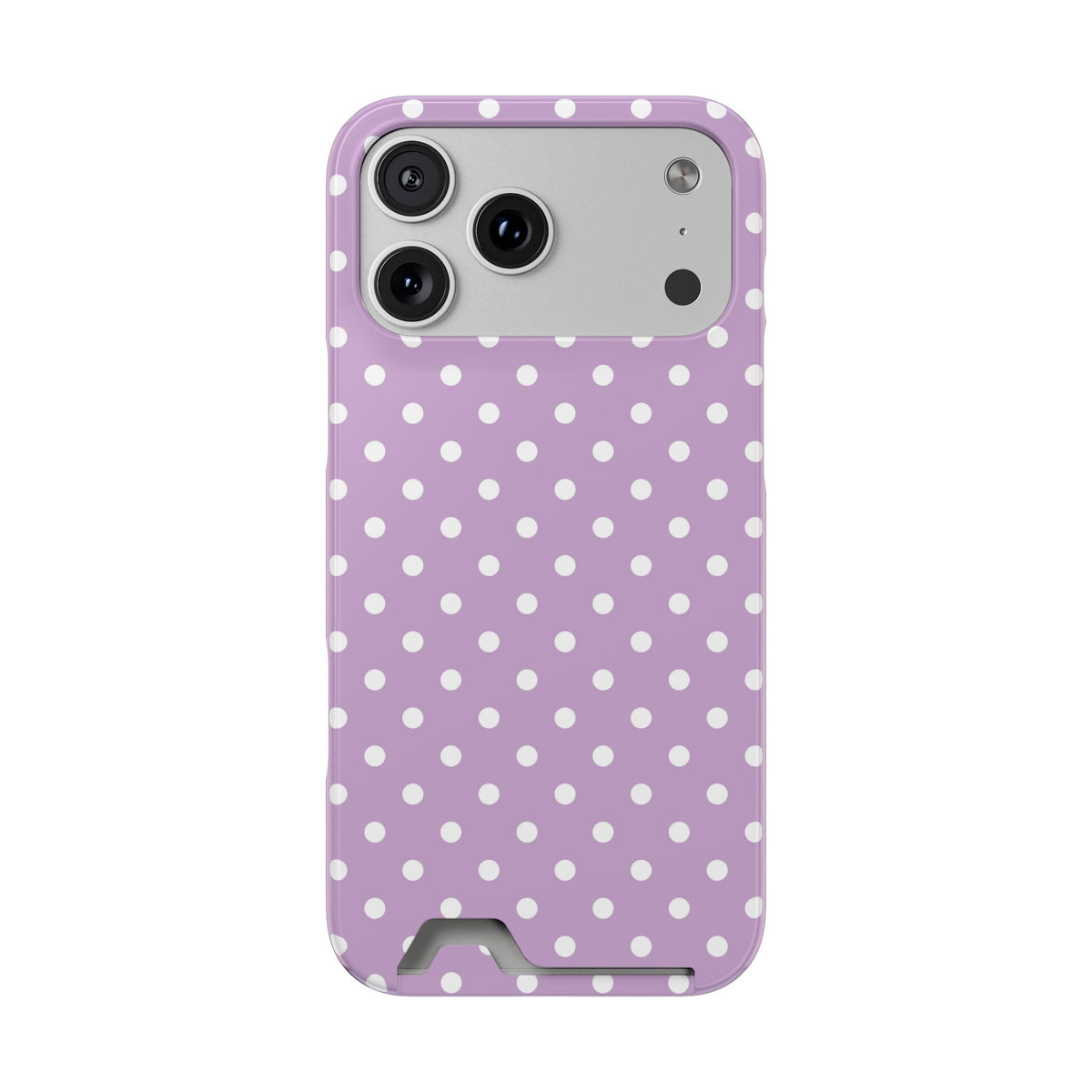 Purple Polka Dot phone case with card holder for iPhone 17 Pro Max, glossy finish