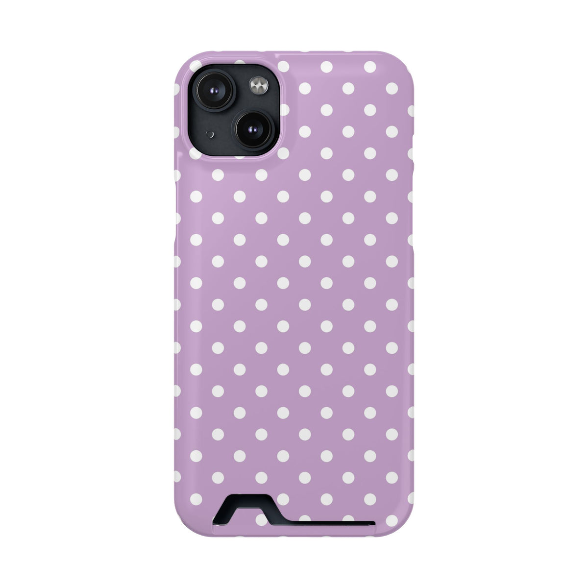 Purple Polka Dot phone case with card holder for iPhone 14 Plus, glossy finish