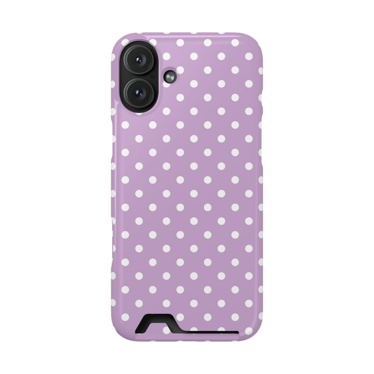 Purple Polka Dot phone case with card holder for iPhone 16 Plus, glossy finish