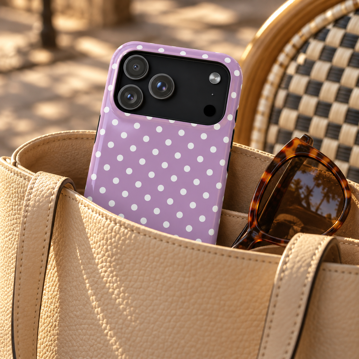 Purple Polka Dot phone case with card holder, white polka dots on purple, lifestyle photo in a handbag