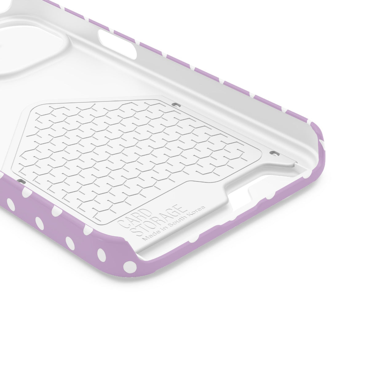 Purple Polka Dot phone case with card holder for iPhone 13, glossy finish